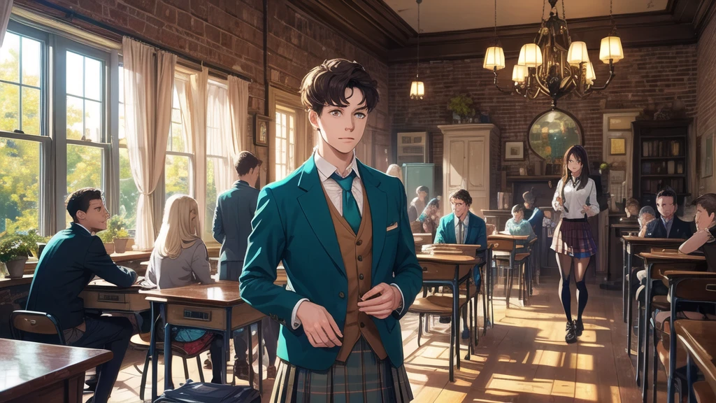 outside, students in teal blazers, girls and boys, mixed ages, brown trousers and skirts, magical school og mages in an old Victorian house hidden away in Scotland