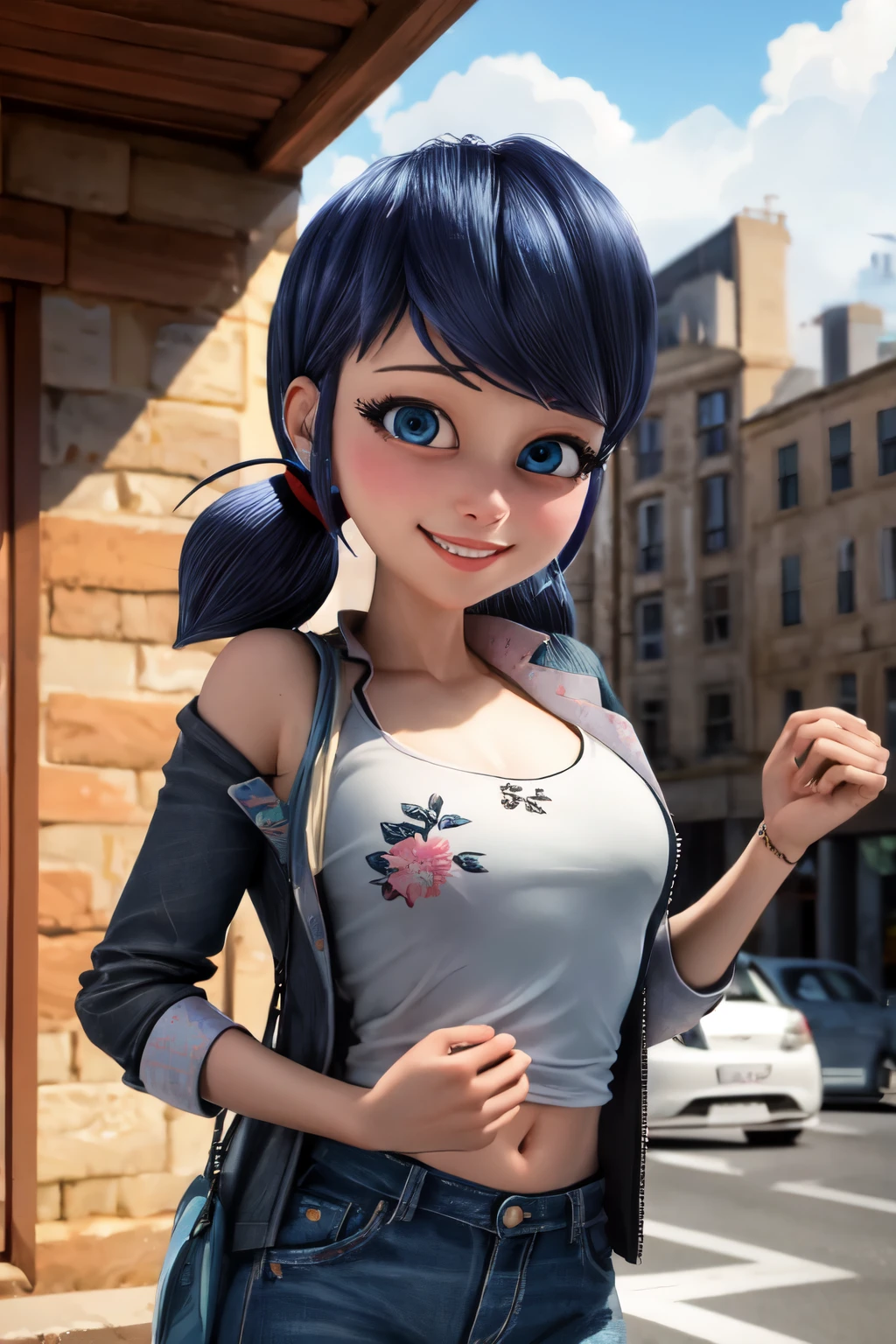 (8k, RAW photo, best quality, masterpiece:1.2), (intricate details), perfect eyes, perfect face, perfect lighting, beautiful, (masterpiece:1.2), (best quality:1.2), 1girl( marinette, blue hair, ponytails, blue eyes), smile, parted lips, solo, blue jacket, white tank_top, cleavage, navel, denim skirt, ultra mini skirt, outdoor, standing