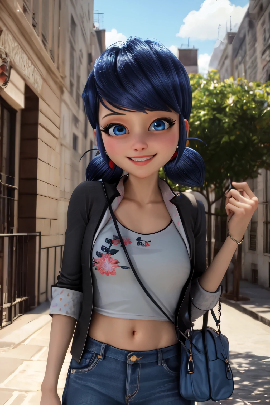 (8k, RAW photo, best quality, masterpiece:1.2), (intricate details), perfect eyes, perfect face, perfect lighting, beautiful, (masterpiece:1.2), (best quality:1.2), 1girl( marinette, blue hair, ponytails, blue  eyes), smile,  parted  lips, solo, blue jacket, white tank_top, cleavage, navel,  denim skirt, ultra mini skirt,  outdoor,  standing 