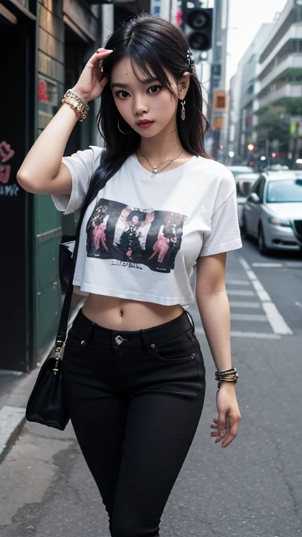 solo , 1girl , Thai girl , shirt rock punk styes , big breast , black jeans rock punk styes , bracelet