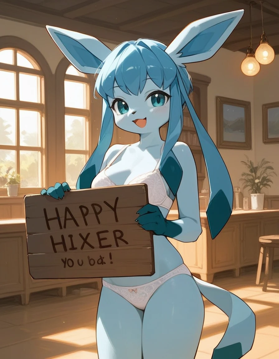 alone, score_9,score_8_up,score_7_up,  an anthro furry female glaceon girl, wearing white bra, white panties, standing, holding a sign, happy, indoors.