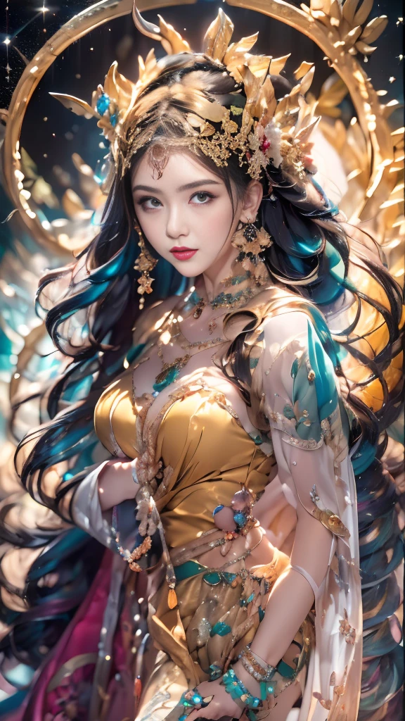 The scene is on the moon，In Journey to the West, The goddess Nuwa holds the galaxy in her palm，ornate garment，long leges，gem jewelry，Artistically，ultraclear，complex，Extremely detailed，Hair color random，Hairstyle Random，8k