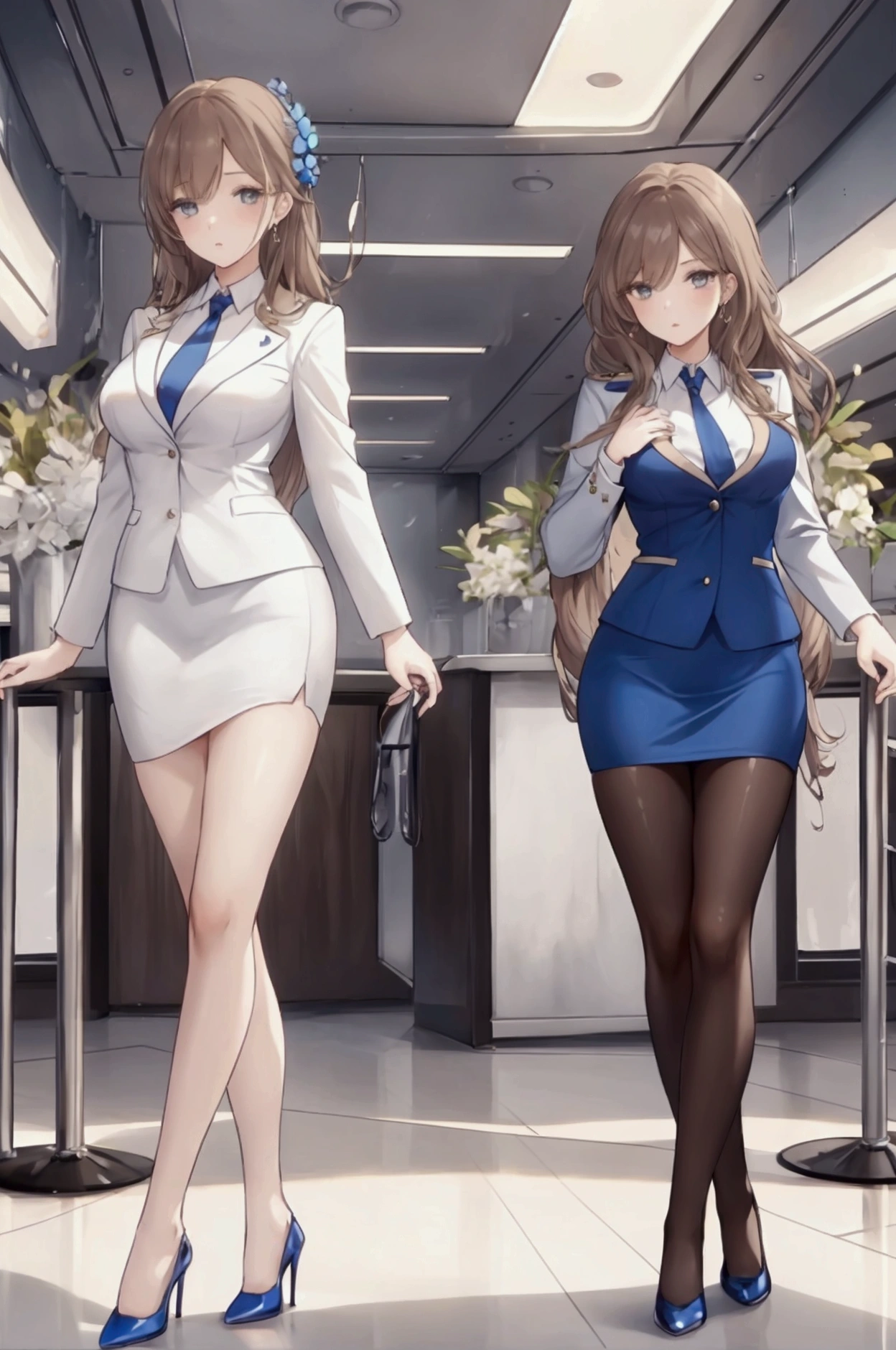 {{Mature female, caucasian}}, looking at viewer, hazel eyes, extremely detailed, medium breasts, brown hair, airport, flight attendant, uniform, blue blazer, blue necktie, blue skirt, medium skirt, pencil skirt, blue high heels, happy, best quality, high quality, extremely detailed anime screencap, {{{{crowded, multiple girls, thousands of sisters, millions of sisters,billions of sisters, clone, doppelganger, matching outfit, matching hairstyle}}}}, full body