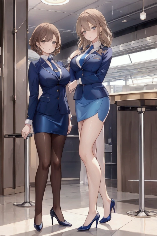 {{Mature female, caucasian}}, looking at viewer, hazel eyes, extremely detailed, medium breasts, brown hair, airport, flight attendant, uniform, blue blazer, blue necktie, blue skirt, medium skirt, pencil skirt, blue high heels, happy, best quality, high quality, extremely detailed anime screencap, {{{{crowded, multiple girls, thousands of sisters, millions of sisters,billions of sisters, clone, doppelganger, matching outfit, matching hairstyle}}}}, full body