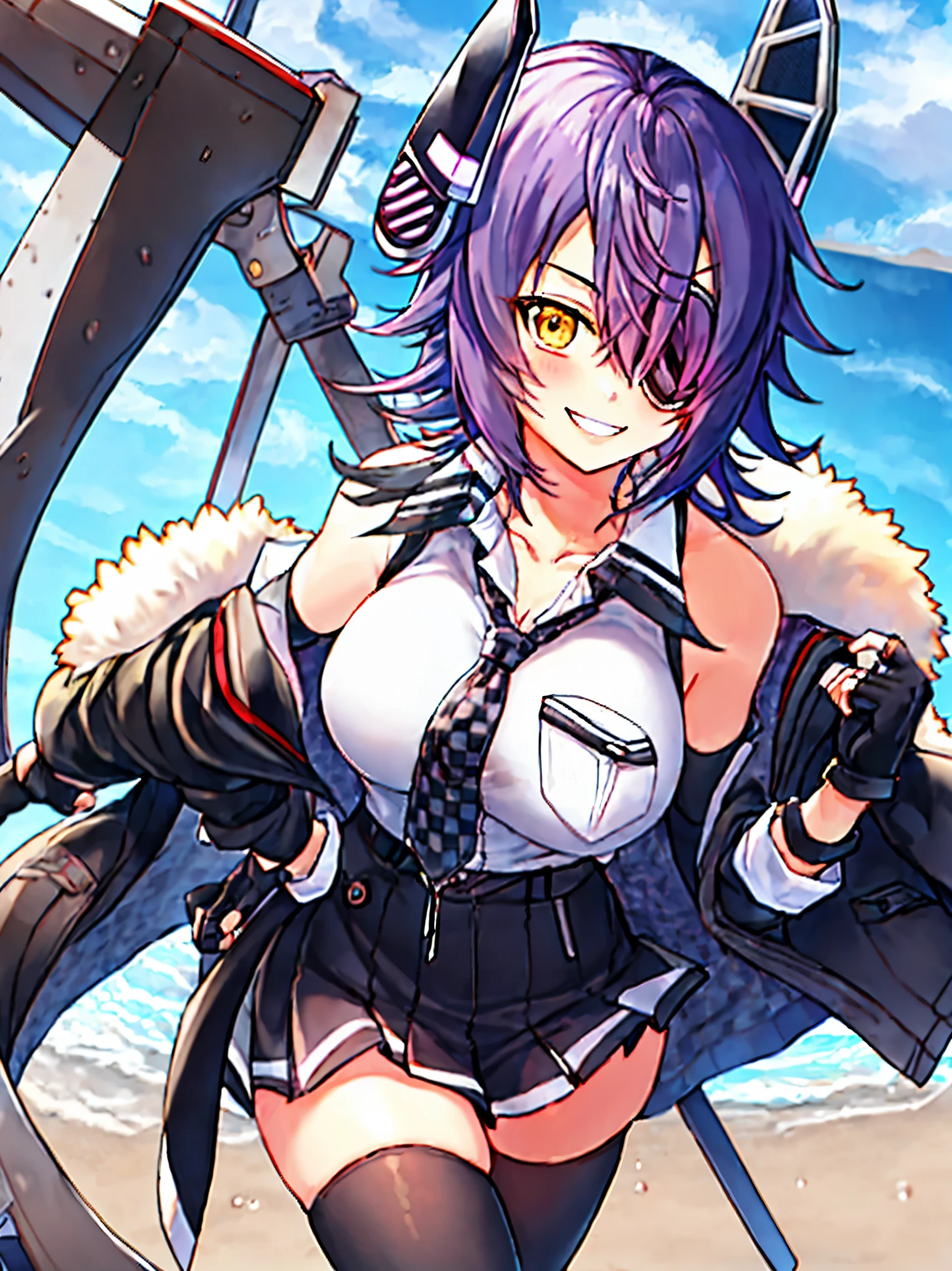 best quality, masterpiece, solo, {tenryuu_kantaicollection:1.}, teirl, eyepatch, short_hair, purple_hair, yellow_eyes, headgear, breasts, necktie, large_breasts, smile, 1girl, blush, checkered_necktie, hair_over_one_eye, shirt, collared_shirt, white_shirt, jacket, sleeveless, brown_eyes, fur-trimmed_jacket, fur_trim, collarbone, looking_at_viewer, pocket, breast_pocket, ,, messy_hair, black_gloves, gloves, partially_fingerless_gloves,harbor_road_landscape_background,outdoor,short_skirt,thigh-highs,boots,sunlight,from_below