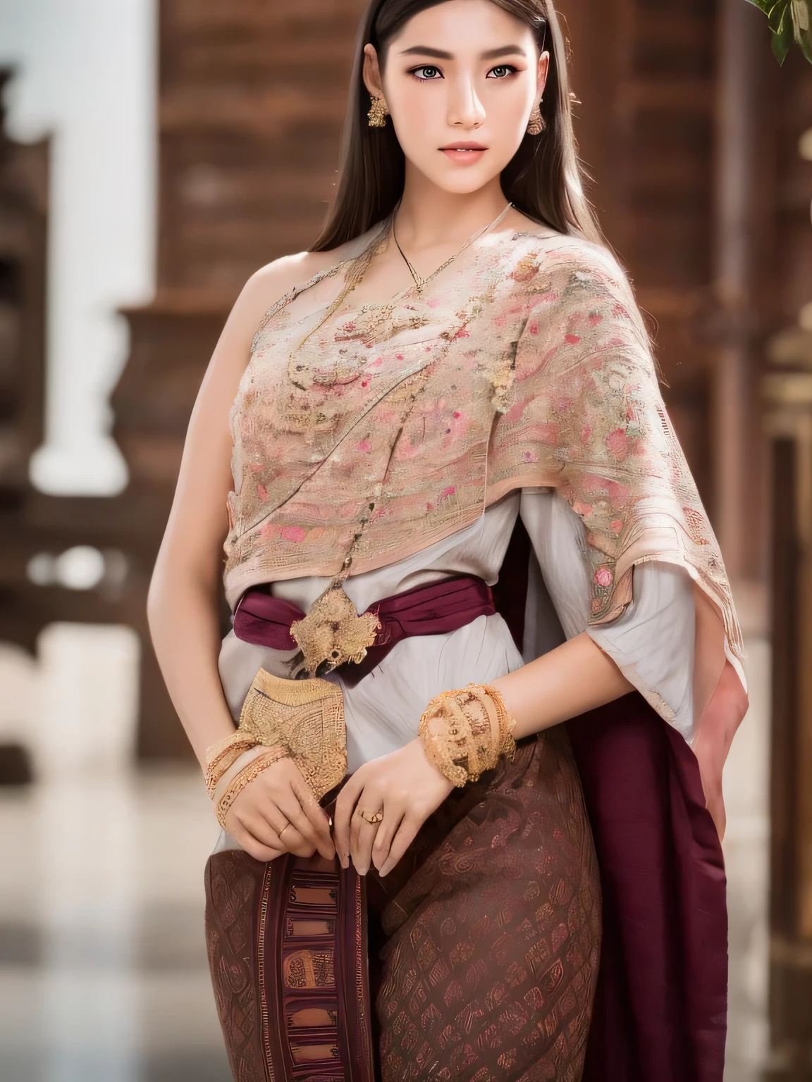 (RAW photo:1.2), (photorealistic:1.4),(masterpiece:1.3),(best quality:1.4),ultra high res,(detailed eyes),(detailed facial features),(detailed clothes features),HDR,8k resolution, solo focus,thai tradition dress,tradition shawl ,golden jewelry,1 girl ,facing to viewer,full body, depth of field,cinematic light,(adorable girl with rim lighting :1.2), (((perfect body shape ))),,21 year old ,(Eurasian face),(pale skin),(gorgeous short hair:1.1),(dark hair:1.11), Random body orientation,
