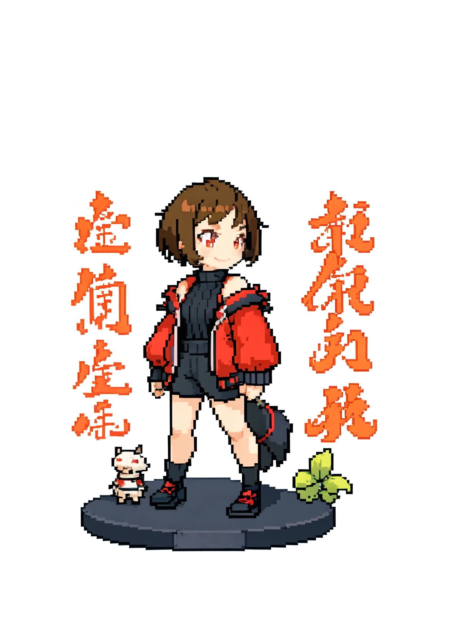 pixel，white background, full body, standing,akimbo,charaSF,smile, 1girl, solo, short hair, brown hair, red eyes, collar, black jacket, off shoulder, fur trim, red sweater, ribbed sweater, turtleneck, shoulder cutout, long sleeves, black shorts, blush sticker,dog collar,black shoes,bitdstyle monochrome,