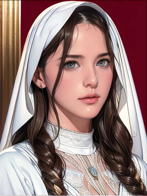 A beautiful ultra-thin Realistic portrait of the Virgin Mary, White outfit with blue details, ((Divinity)), whole body, Biblical, Realistic, Intricate details, Abbott Fuller Graves, Bartholomew Esteban Murillo, Jc Leyendecker, Craig Mullins, Peter Paul Rubens, (Caravaggio), Art Station Trends, 8k, Concept Art, Fantasy art, PhotoRealistic, Realistic, shape, Oil, Surrealism, HyperRealistic, Brush Brush, Digital Art, style, watercolor