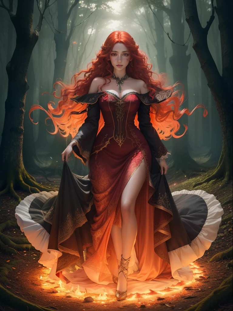 (best qualityer,4K,8k,high resolution,work of art:1.2),ultra detali,(realisitic,Photorealisitic,photo-realistic:1.37),DigiArt style,gazing at viewer,whole body,digitl art,1 girl,standing alone,very long curly hair,redheadwear,greeneyes,skin fair,silk dress,fire, witch,fancy,bright coloured,fiery red hair with golden highlights,soft curls running down your back,strands of hair swirling around her as if in a gentle breeze,glowing emerald eyes that seem to radiate magic,pale, Flawless complexion with a subtle glow,delicate freckles adorning her cheeks,o silk dress com tons vibrantes de vermelho e laranja, adorned with intricate patterns that resemble flickering flames,the dress flowing and billowing around her, revealing glimpses of her slender figure,a staff adorned with glowing runes in his hand, emanating a burning aura,casting vibrant shadows on the ground,the setting of a mystical forest with towering trees and ethereal light filtered through the leaves,a magical glow enveloping the scene, iluminando o fire witch com uma luz quente e cativante。
