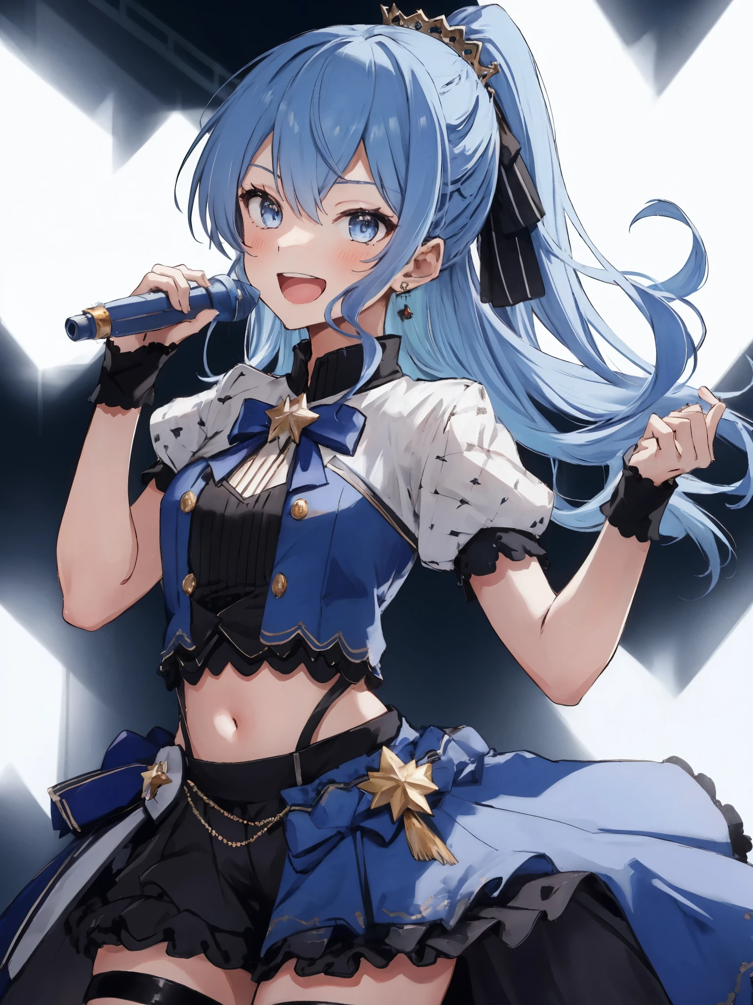masterpiece, best quality, absurdres, 1girl, solo, Hoshimachi Suisei, light blue hair, blue eyes, happy, smile, parted lips, cowboy shot, sidelocks, ponytail, toned,
idol, idol clothes, hololive idol uniform, bowtie, blue skirt, brooch, dress, concert, on stage, frilled skirt, jewelry, layered dress, short sleeves, tiara, midriff, thighhighs(,shout:1.3),.(open_mouth:1.3),singing,(angry:0.6),, idle_live,audience_landscape,light up_girl,solo,shiny_effects,