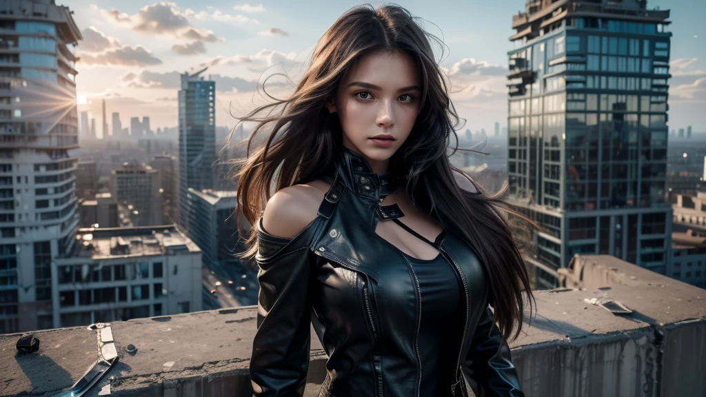 ((masterpiece, best quality, Highest image quality, high resolution, Reality, RAW photos, 8K)), Future city ruins，standing on top of the building，Beautiful girl，Tight leather jacket，Off-shoulder，Large Breasts，Long hair，（Black Wings），Pretty face，Closed mouth，dramatic，Mid-range portrait，dusk