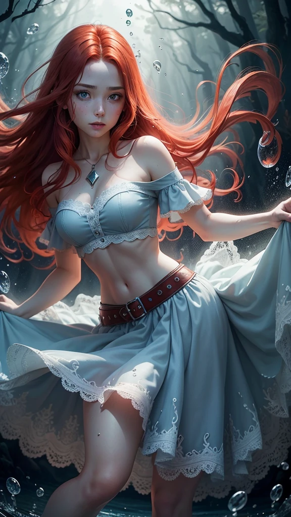 Red haired, young woman, fantasy, wearing a Billowing skirt i fused with water droplets, defined waistband, and lace added, dark lighting, glowing water droplets, water droplet dress, light blue water droplets