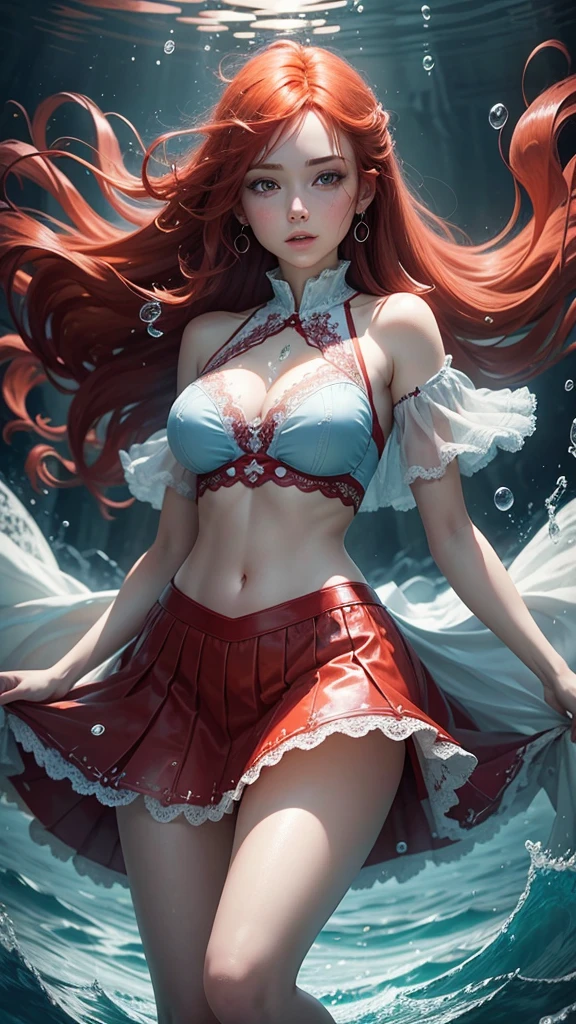 Red haired, young woman, fantasy, wearing a Billowing skirt i fused with water droplets, defined waistband, and lace added, dark lighting, glowing water droplets, water droplet dress, light blue water droplets