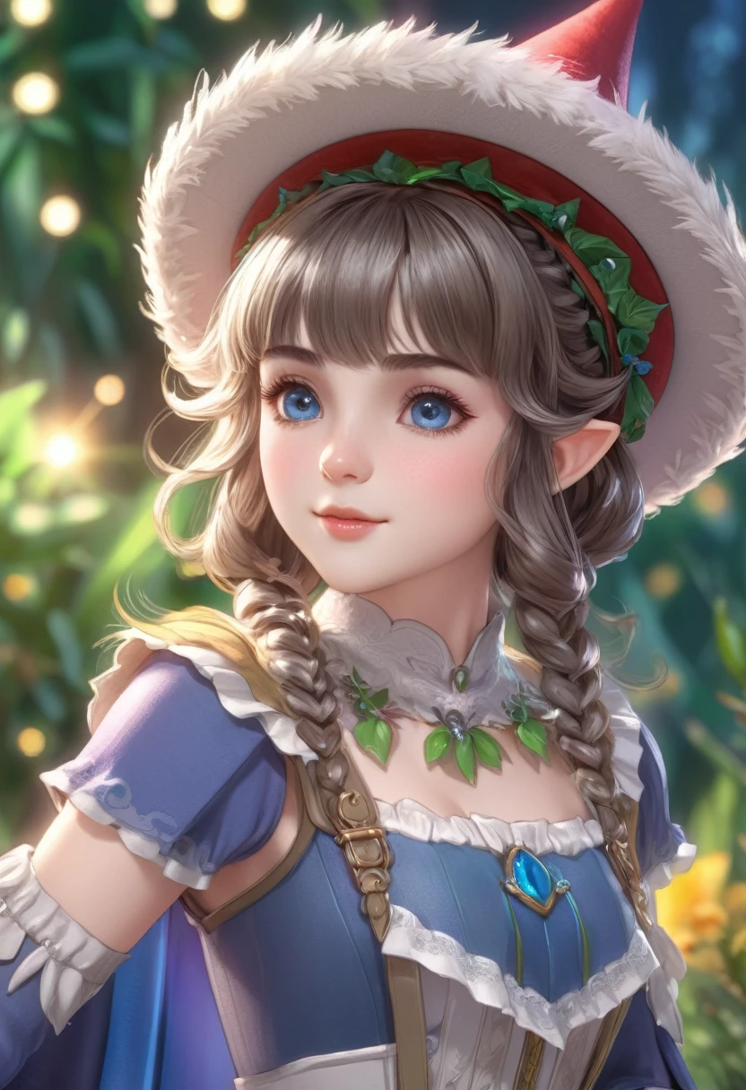 1girl, elf, short curly hair with bangs, preppy style, French girl, wearing a cute hat, detailed facial features, intricate hairstyle, (best quality,4k,8k,highres,masterpiece:1.2),ultra-detailed,(realistic,photorealistic,photo-realistic:1.37),HDR,UHD,studio lighting,ultra-fine painting,sharp focus,physically-based rendering,extreme detail description,professional,vivid colors,bokeh,fantasy,whimsical,soft lighting,warm tones