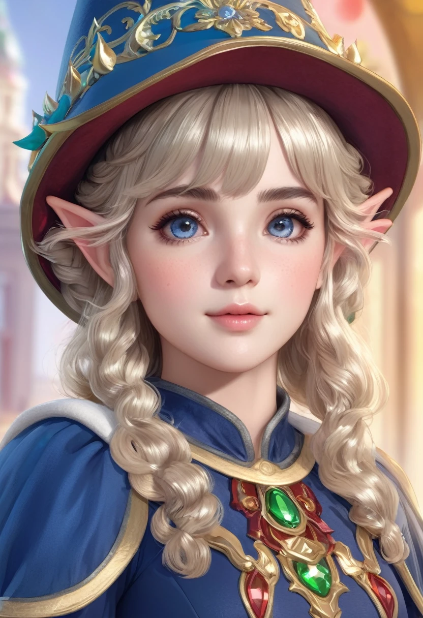 1girl, elf, short curly hair with bangs, preppy style, French girl, wearing a cute hat, detailed facial features, intricate hairstyle, (best quality,4k,8k,highres,masterpiece:1.2),ultra-detailed,(realistic,photorealistic,photo-realistic:1.37),HDR,UHD,studio lighting,ultra-fine painting,sharp focus,physically-based rendering,extreme detail description,professional,vivid colors,bokeh,fantasy,whimsical,soft lighting,warm tones