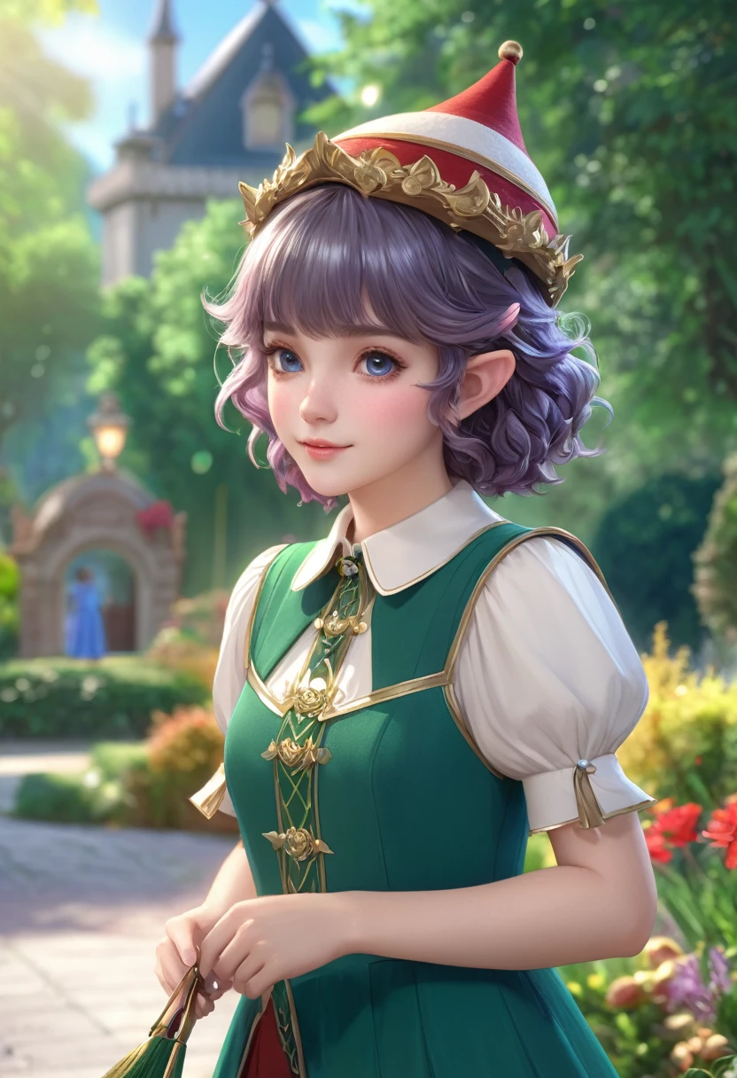 1girl, elf, short curly hair with bangs, preppy style, French girl, wearing a cute hat, detailed facial features, intricate hairstyle, (best quality,4k,8k,highres,masterpiece:1.2),ultra-detailed,(realistic,photorealistic,photo-realistic:1.37),HDR,UHD,studio lighting,ultra-fine painting,sharp focus,physically-based rendering,extreme detail description,professional,vivid colors,bokeh,fantasy,whimsical,soft lighting,warm tones