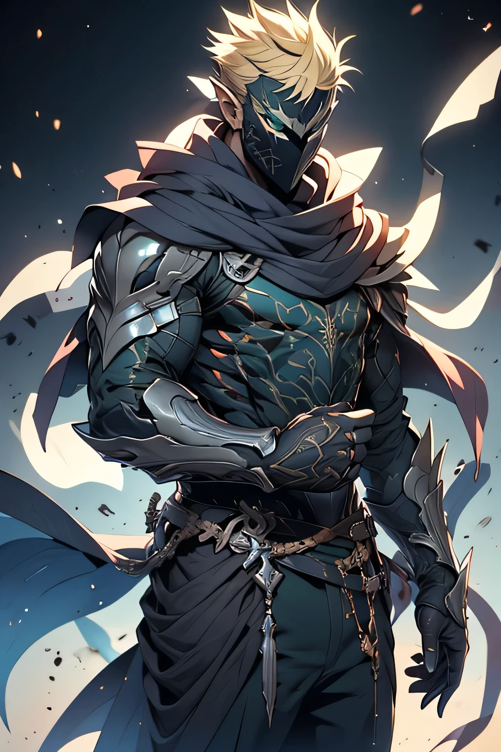 man, blond hair, short hair, green eyes, wears a mask that covers his entire face, only leaving his eyes and ears showing and his hair is also showing, pointy ears, wears a blue cloak with a contrasting black and has a symbol of a dragon with a white sword on it, holding a mithril dagger in his left hand, and in his right hand holding a silver dagger, the scene is a field full of swords stuck in it