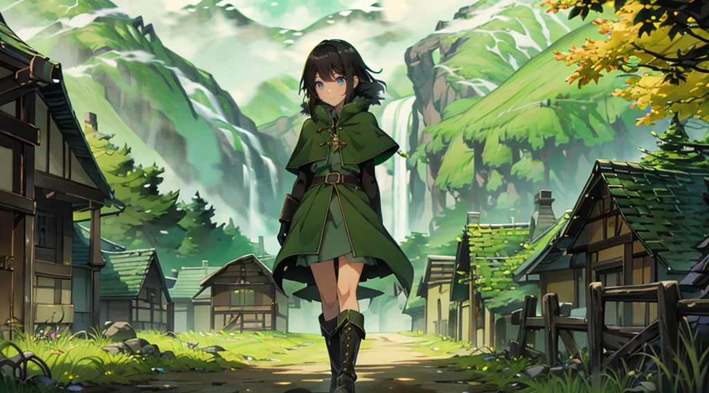 yuichiro hyakuya girl, (WithoutFear:1), 1 girl, black hair, green eyes, brown coat, gray armor, elves, sylvan, green shield, green cloak, dark brown gloves, forest, white fur trim, anime, standing, good quality, portrait, looking at viewer