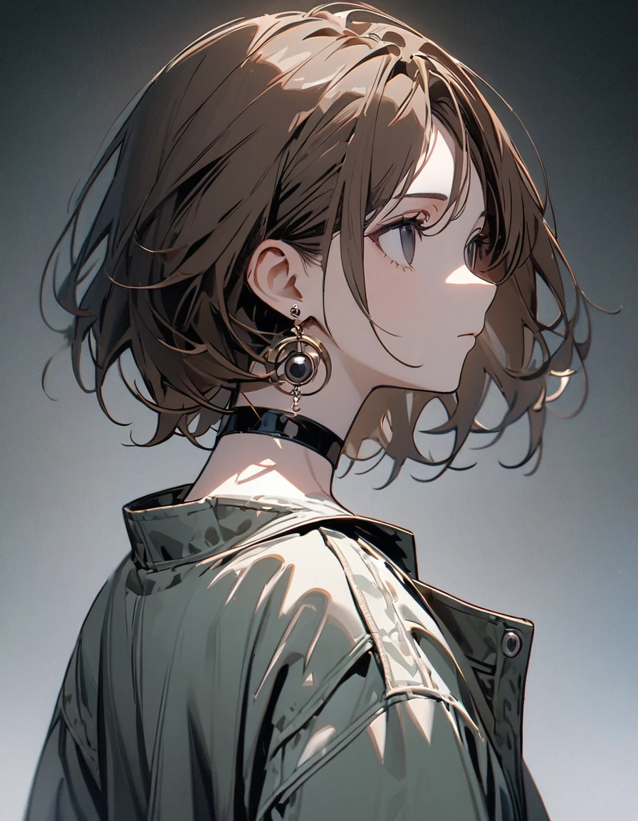 best quality, beautiful, 8K, expressionless, looking back, looking up, 後ろで結んでいる, brown hair, black eyes, slim, jacket, earrings, choker, boyish, concept