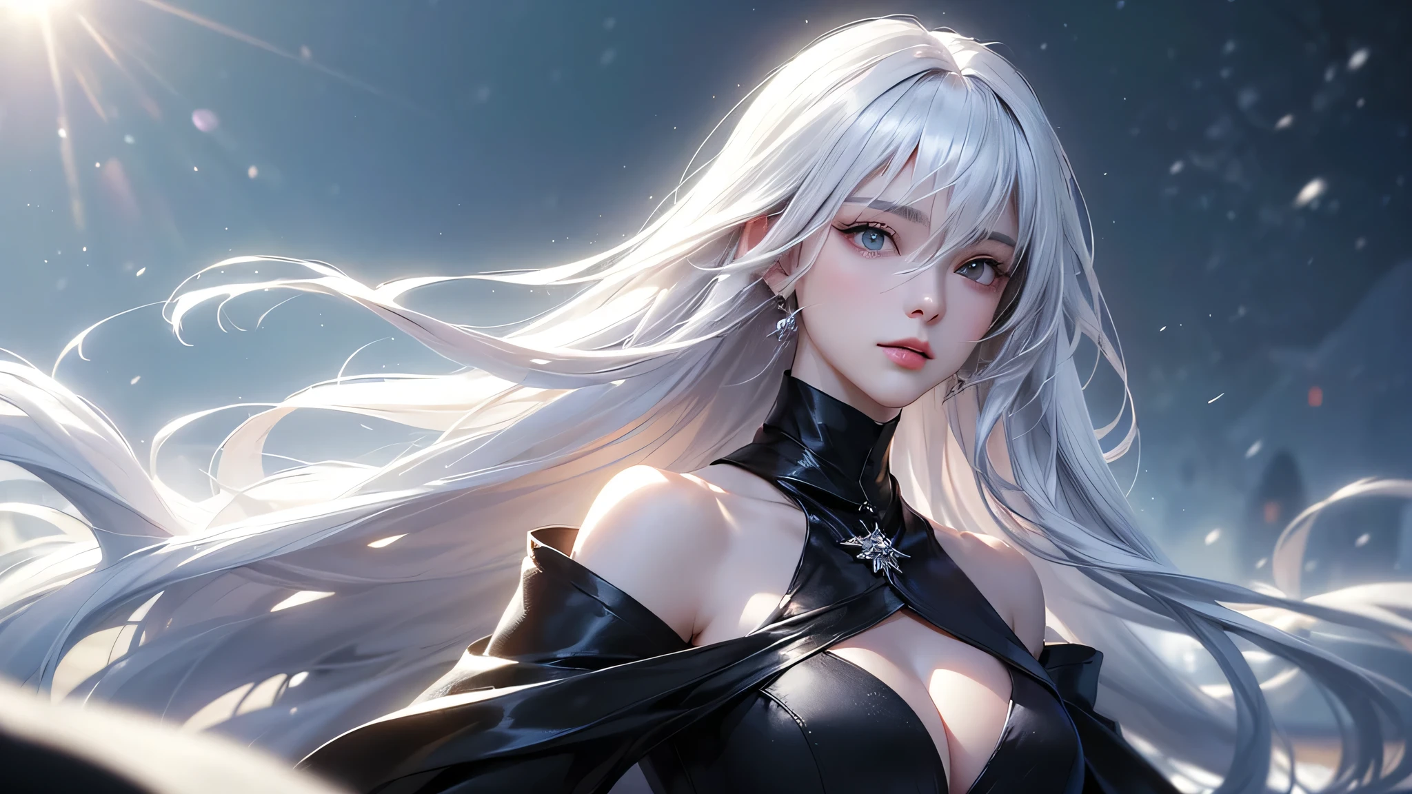 ((masterpiece:1.5、8k、Tabletop、Photorealistic and very detailed CG、Very detailed、Particle Effects、Dynamic Effects、Shallow depth of field、Cinematic Light、Lens flare、Ray Tracing、Tabletop、Realistic:1.4、Ultra-high resolution:1.2、Realistic、Realistic))((alone、,A woman wearing a black cashmere coat over a halter neck dress:1.4、Elegant woman posing、Detailed face、brightexpression、young, bright, Whiter skin、Medium chest、Beautiful cleavage、Best Looks、ASİAN、Ultimate beauty、bright and shiny hair,、Super long, Silky straight hair、Hair dancing in the wind))(morning、The setting is outdoors in the snow、Crystal of snow)((shiny white hair))