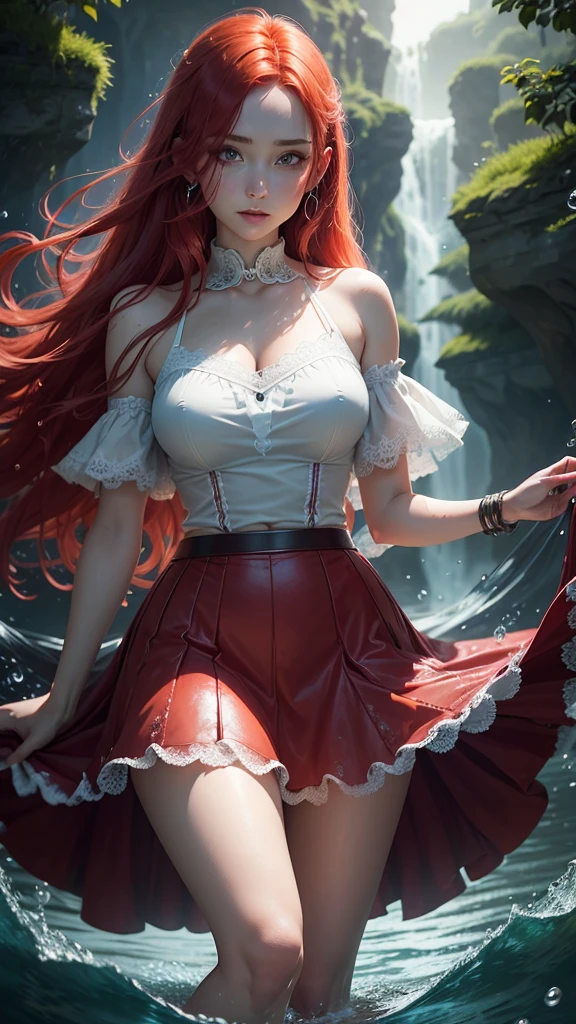 Red haired, young woman, fantasy, wearing a Billowing skirt i fused with water droplets, defined waistband, and lace added, dark lighting, glowing water droplets, water droplet dress, light blue water droplets