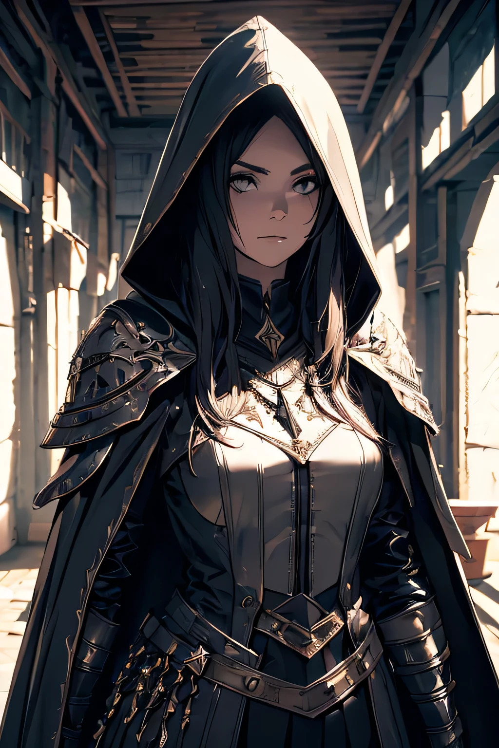 (Armor as well)(black leagwear), (RAW photo: 1.2), (Masterpiece artwork: 1.3), (best qualityer: 1.4), (detailed features of the outfit), HDR, 8K resolution, focus only, bangss, ( slender girl), dreamlike, (Armor as well), black thighhighs, (extremely detailed illustration), verification comment, request for comment, scenecy, No text, man, fully body, long hair, Bblack hair, middlebreasts, (Necromancer suit: 1.4), (hooded cape: 1.2)