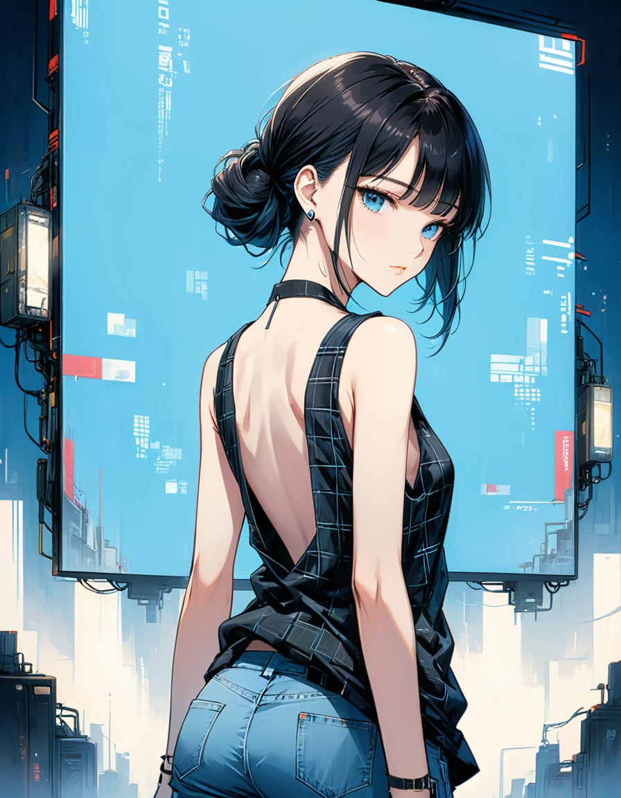 style of santiago caruso,1 Girl,Solitary，Blue Background，Oversized ，Hip-hop style，Black plaid sleeveless T-shirt，jeans，One hand behind your Back，Looking at the audience，(Soft and Straightforward Cyberpunk Hairstyle:1.5)发光的荧光head发，Simple style，Wide Angle,Dynamic Angle，Slanted screen composition，(Bangs_fixed_Back:1.5),(head_tilt:1.7),透过head发可以看到腮红
