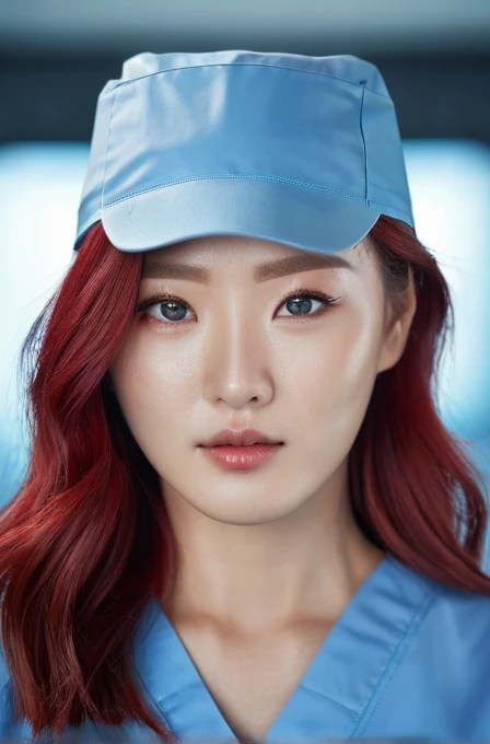 beautiful korean woman with blood red hair, ocean blue eyes, wearing scrubs suit style, staring into camera head and shoulders portrait, 8k resolution concept art portrait.