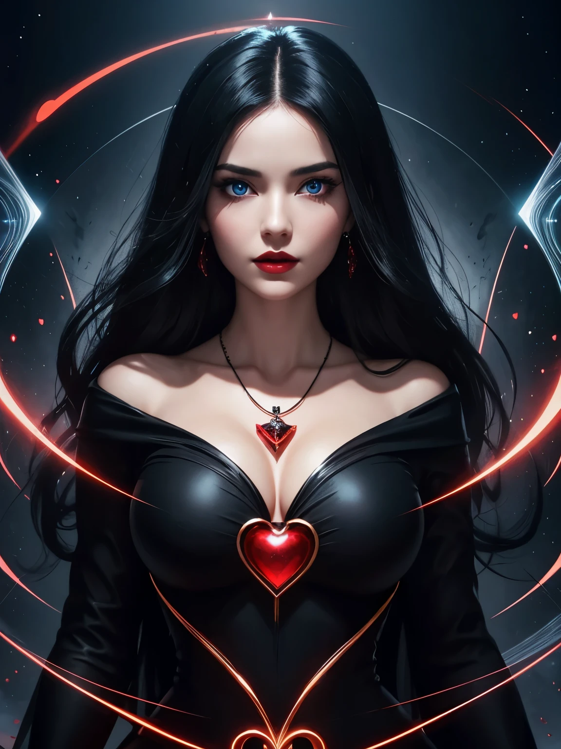 portraite, beautiful woman with black hair and a red silk dress, wearing a big heart-shaped necklace, hourglass figure, Symmetrical figure, high-detailed face, beautiful face, calming blue eyes, lush black lips, appealing, flirting with the camera, stunning digital illustration, mysterious quantum environment, Cosmic elements and ethereal atmosphere