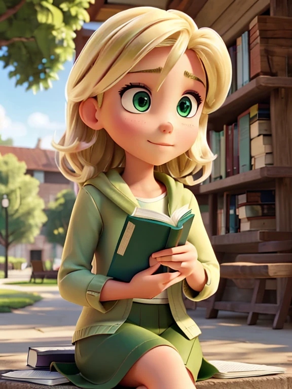 blonde, greeneyes, reading your book in an outdoor square