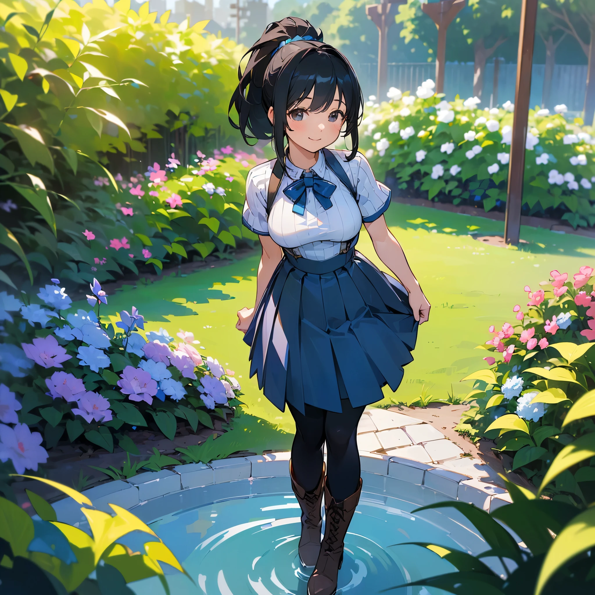 (high quality, High resolution, Very detailed, reality:1.37), Peaceful atmosphere, (Outdoor, garden),  girl standing alone, (my breasts are big.), Beautiful details, Cute Smile, (Black hair ponytail), Short sleeve ribbed sweater, Blue Skirt, Black tights, Brown boots.