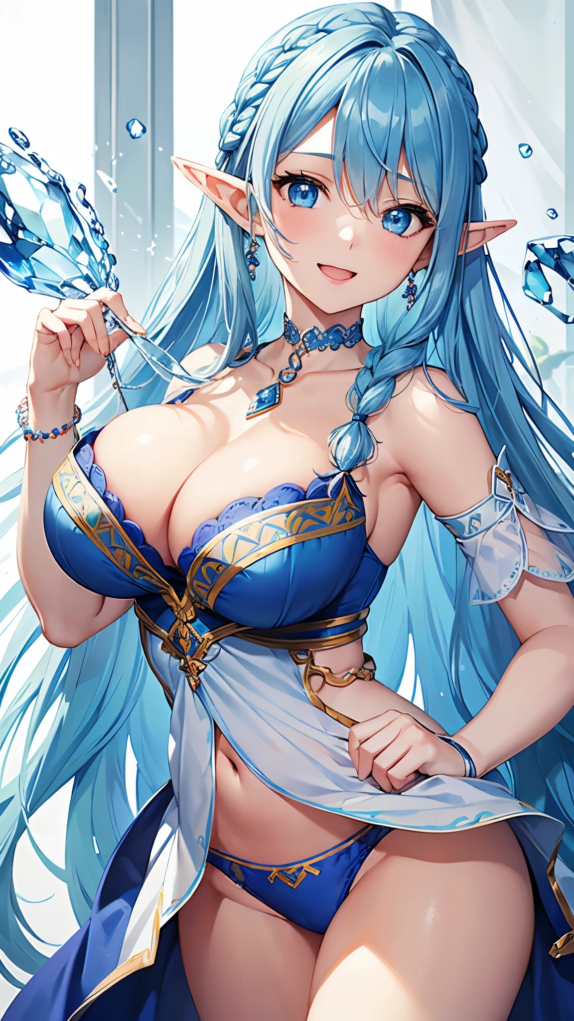Highest quality、Highest quality、masterpiece、(8k resolution),beauty(5)、(Maturarance)、Light blue long hair(Braiding of sides)、blue eyes、(Blue underwear with detailed embroidery)、(Elf)、Big cleavage、((ge breasts))、smile、bluace、Blue Earrings、background(ice)、Please open your mouth wide、bracelet、Dynamic pose、Blue choker、