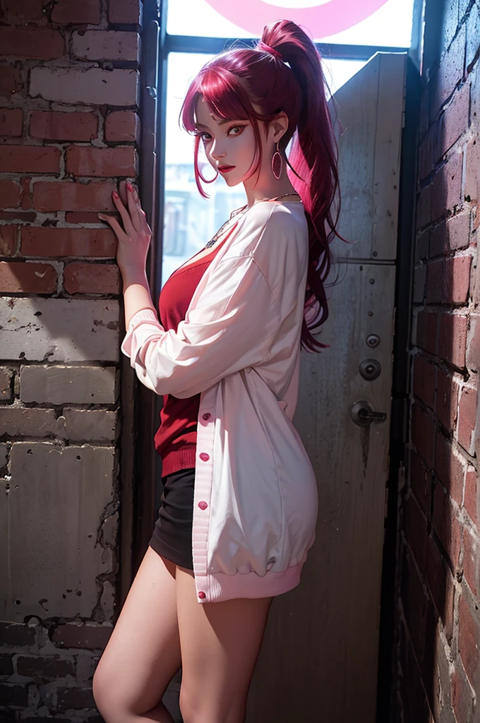 Hair above one eye, Red Eyes, Clear eyes, Necklace, Neon shirt, Damaged Leg Garment, Cardigan jacket, Towards the wall, Brick Wall, Graffiti, shineing grafiti, shineing tattoos, shine, Neon lights, rays of black light,Anime style, Film Portrait Photography, 1 female, 22 years ago, whole body,Blue Eyes Background, Full , anger, (Scarlet hair), Long hair, Purple Eyes, Wearing a short black skirt, (Natural skin texture Vivid details, Surrealism, (Realistic and detailed eyes, Natural skin texture, Realistic facial details), Soft and dramatic lighting, Writing border depth, Bokeh, Vivid details, Surrealism, 35mm Film, Hazy, ,Lipstick, Danteidong, Eyeshadow, Hoop Earrings, Pink lips, 多色のRed Eyes, Purple theme,Wearing a Rainbow Halo,beautiful eyes,Standing in front of the red door、shrine,Jingu-mae,A bold gesture、Decide on the pose,On the ponytail,Long bangs