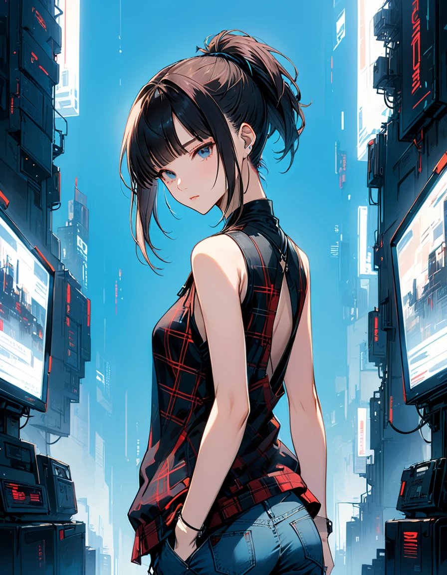 style of santiago caruso,1 Girl,Solitary,Blue Background,Oversized ,Hip-hop style,Black plaid sleeveless T-shirt,jeans,One hand behind your Back,Looking at the audience,(Soft and Straightforward Cyberpunk Hairstyle:1.5)发光的荧光head发,Simple style,Wide Angle,Dynamic Angle,Slanted screen composition,(Bangs_fixed_Back:1.5),(head_tilt:1.7),透过head发可以看到腮红