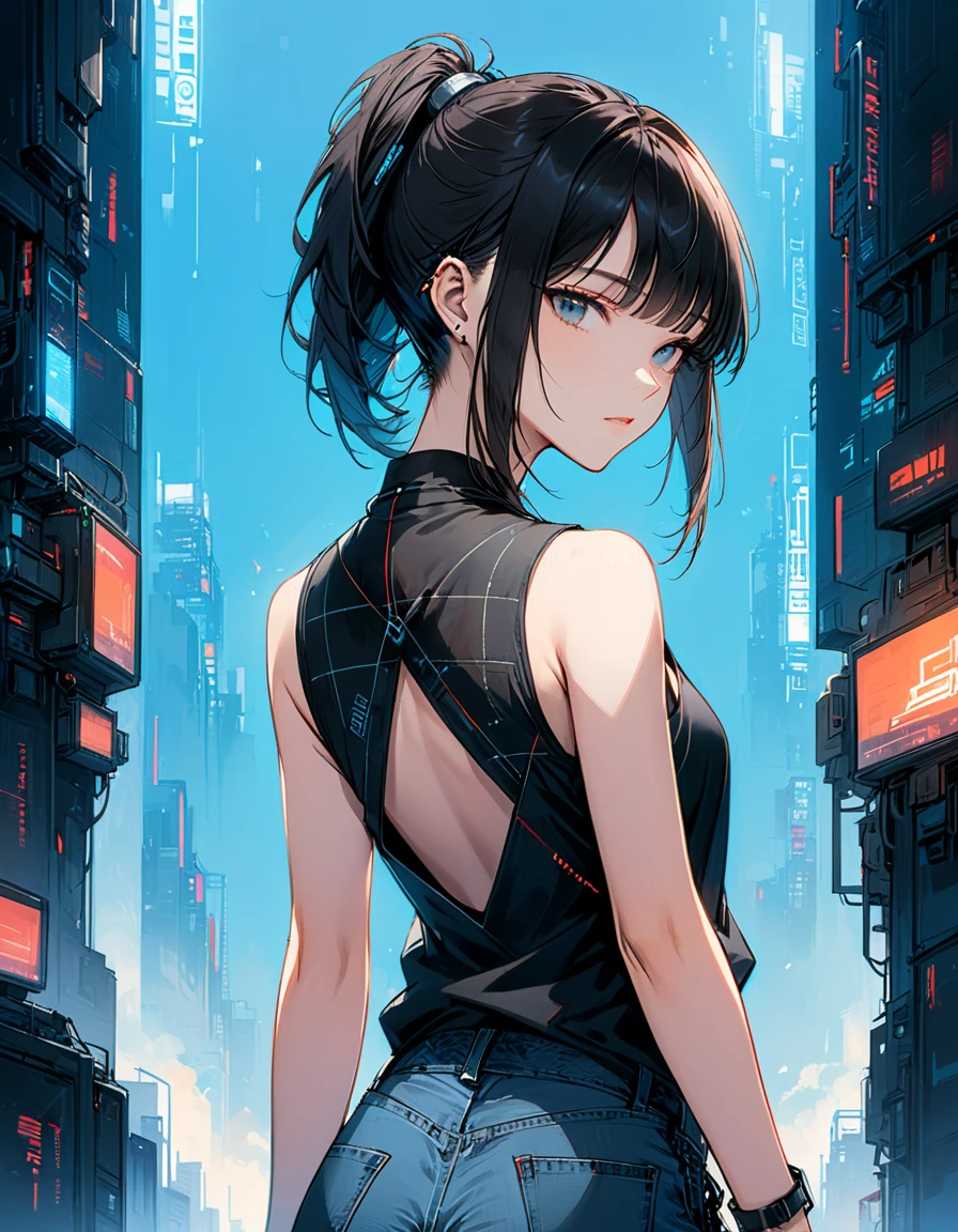 style of santiago caruso,1 Girl,Solitary,Blue Background,Oversized ,Hip-hop style,Black plaid sleeveless T-shirt,jeans,One hand behind your Back,Looking at the audience,(Soft and Straightforward Cyberpunk Hairstyle:1.5)发光的荧光head发,Simple style,Wide Angle,Dynamic Angle,Slanted screen composition,(Bangs_fixed_Back:1.5),(head_tilt:1.7),透过head发可以看到腮红