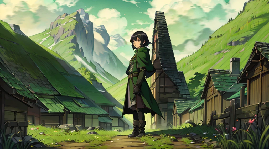 yuichiro hyakuya girl, (WithoutFear:1), 1 girl, black hair, green eyes, brown coat, gray armor, elves, sylvan, green shield, green cloak, dark brown gloves, forest, white fur trim, anime, standing, good quality, portrait, looking at viewer