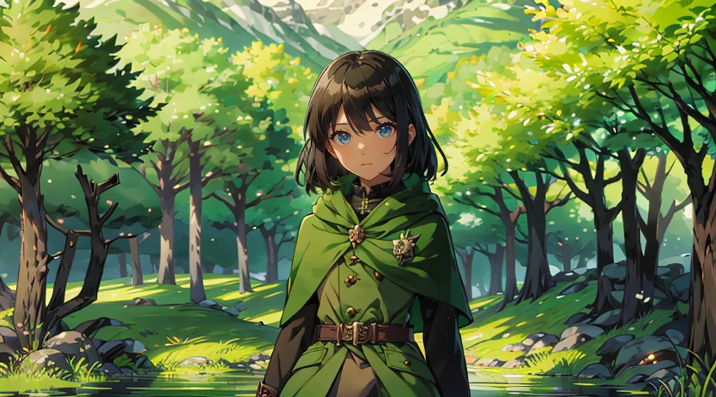 yuichiro hyakuya girl, (WithoutFear:1), 1 girl, black hair, green eyes, brown coat, gray armor, elves, sylvan, green shield, green cloak, dark brown gloves, forest, white fur trim, anime, standing, good quality, portrait, looking at viewer