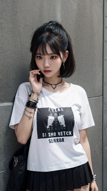 solo , 1girl , Thai girl , shirt rock punk styes , big breast , skirt rock punk styes , punk bracelet