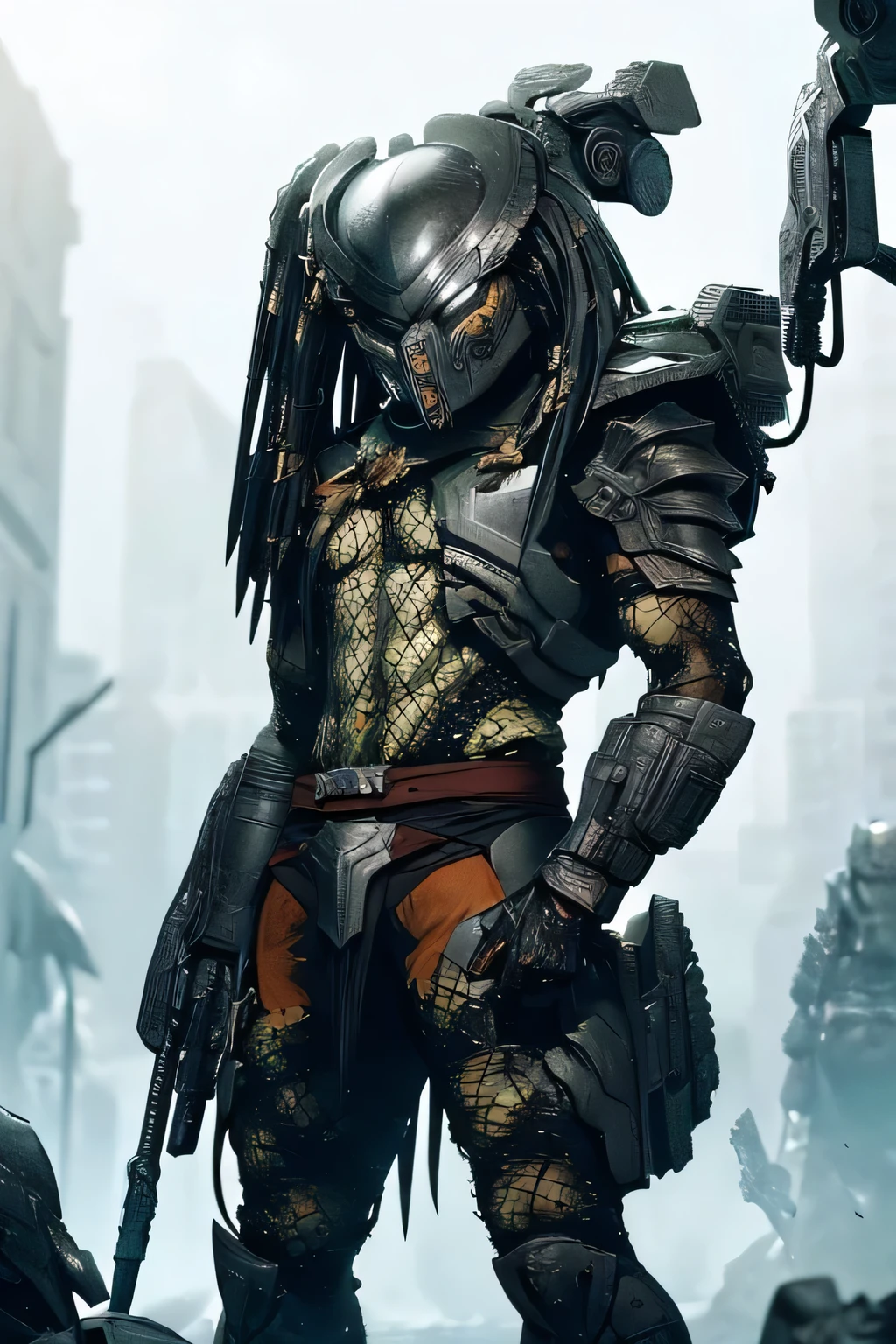 Name: Krav'kesh

Physical description:
Krav'kesh is an imposing Predator, standing around 2.5 meters tall, standing out even among his own species for his impressive stature. Its skin is a deep moss green, mixed with patches of dark brown, providing natural camouflage in the dense forests where it often hunts its prey. Scars from ancient battles cross his robust body, testimonies of countless clashes and successful hunts.

Armament and Equipment:
Krav'kesh wears sophisticated combat armor composed of a mixture of tough metal and reinforced biological tissue. His hunting mask, made of semi-transparent materials that automatically adjust to blend in with his surroundings, covers his face marked by fangs and feline features. He carries a plasma spear, the tip of which can split into multiple projectiles when necessary, and a pair of retractable blades on the sides of his arms, ideal for hand-to-hand combat.