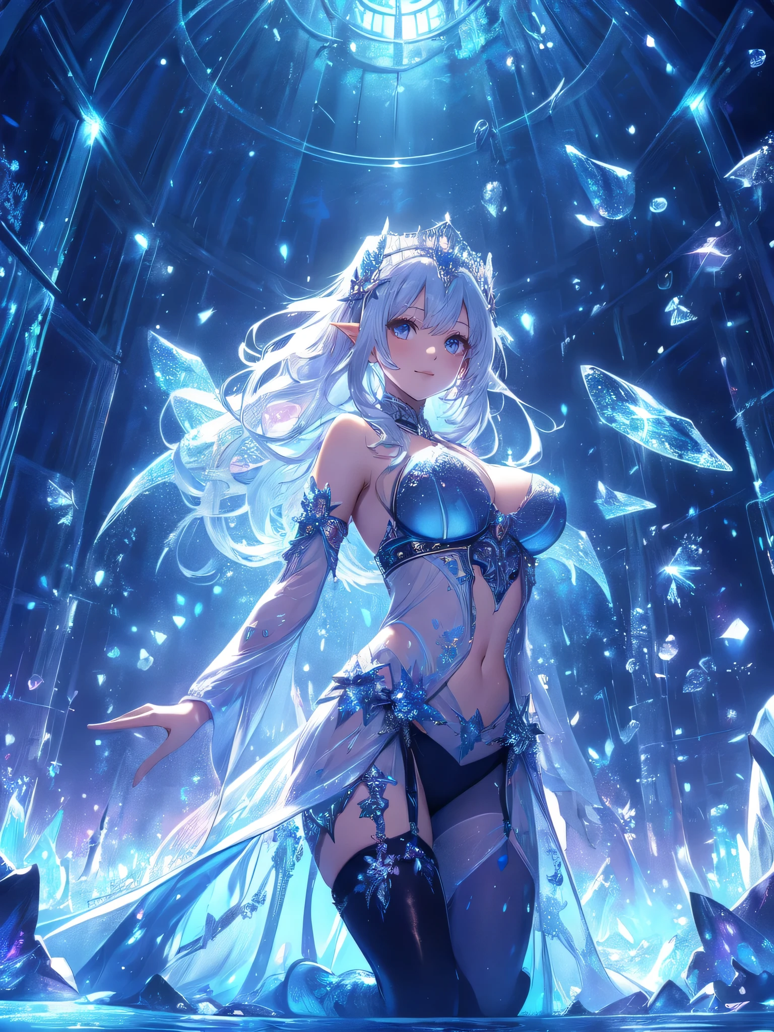 最high quality、One female elf filling the entire front screen、Succubus、(( cowboy shot ))((see-through body stocking))'((low angle1.5 ))、Beautiful eyes、tears、Huge stained glass、Beautiful decoration、brassiere、panty、Ice tiara、Swirling Ice、Crystal of snow、Ice Palace、最high quality , fractal art.Ice Throne、Inside the palace dome、Glowing iceの柱、Huge windows、虹Farbeに輝くステンドグラス、courtyard、　比基尼、Beautiful breasts、Large Breasts　((Laugh beautifully、))((Glowing ice　))SMqueen、Beautiful face、orgasm、Ecstasy、全身Beautiful decorationの下着、World of Illusions、Ice crystals、Crystal of snow、Ice wall、ice World、Bigger on the front、 Beautiful shine,High-definition depiction, Realistic, 8k, Unity, Beautiful thighs,,Giant Devil's Wings、虹Farbeに輝く翼、、 light smile, Beautifully and vividly drawn, , beautiful beautiful透き通る肌、輝くBeautiful decorationの魔法、、Beautiful decoration、 , beautiful、 Romanticism,mosquito。 The most beautiful form of chaos, Mr..々Farbe, Intertwined flowers, P article,Magical gentle light,smile,,image quality、masterpiece、Beautiful face、Super beautiful elf woman((Big breasted 22 year old office lady、Bust 120,Beautiful long ironed hair、Silver Hair、height: 165cm。、Esbian、、high quality、、Visual Arts、最high quality、1 womanエルフ NP: Worst quality ,beautiful fractal art　、frozen、、light、Beautiful radiance,High-definition depiction, Realistic, 8k, Unity, , light smile, Beautifully and vividly drawn, , Beautiful, beautiful, clear skin、 Countless rays of light pouring down, Swirling Light, big background, , Intense light is emitted from the magic circle in front of the girl. Romanticism,Cowboy Shot:  最high quality　snow palace　　Artwork、uhd