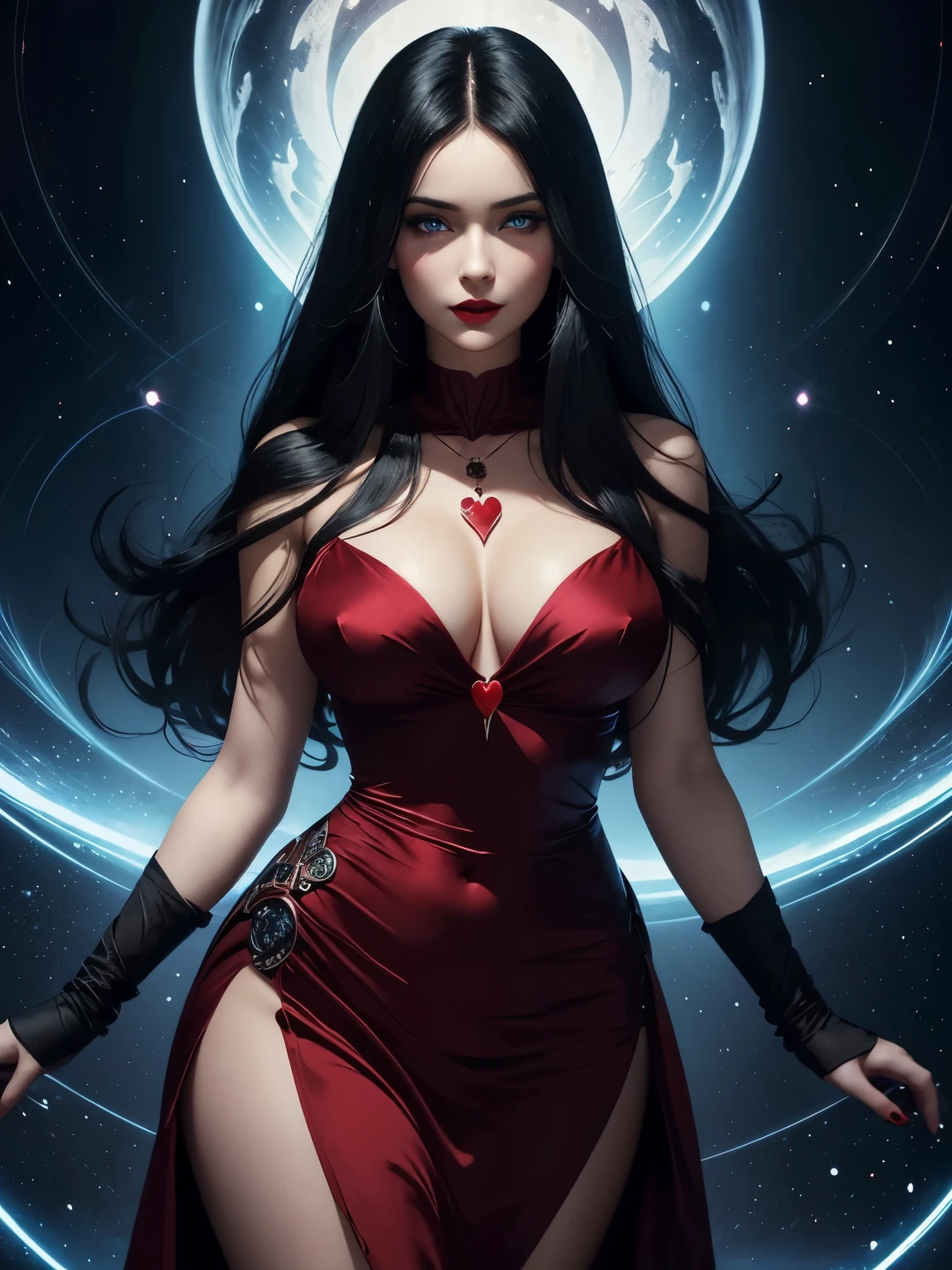 portraite, beautiful woman with black hair and a red silk dress, wearing a big heart-shaped necklace, hourglass figure, Symmetrical figure, high-detailed face, beautiful  face, calming blue eyes, lush black lips, appealing, flirting with the camera, stunning digital illustration, mysterious quantum environment, Cosmic elements and ethereal atmosphere