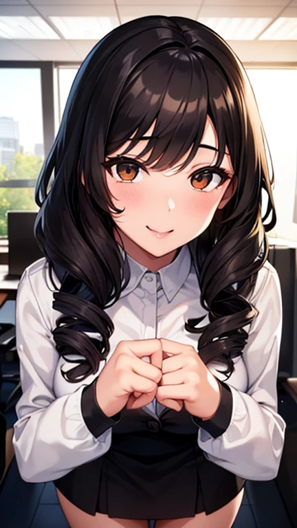 Highest quality, Soft Light, Ultra-high resolution,People Girls, alone, sexy, (A teasing smile), (Brown eyes), Beautiful face in every detail,(High resolution detail of human skin texture), (Black curly medium length hair),（Long, curly bangs）, break,Office Suits,Office Skirt,Black Stockings,(Fellatio gestures:1.2), (Open your mouth:1.2),tongue,Sigh,Look into the viewer,Take your panties off yourself