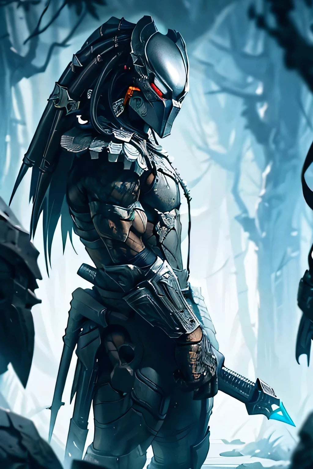 Physical description:
Skar'ak is a Predator of imposing stature, standing around 2.5 meters tall. Its skin is tough and covered in black exoskeletal armor with intricate patterns of bluish bioluminescent lights that help with camouflage when hunting in dark environments. He wears an intricately decorated combat mask, combining advanced air filtration technology with an intimidating design, adorned with symbols of his clan.
Distinctive Features:
Skar'ak has a face marked by hard bony plates that extend backwards from the skull, forming a sort of crest that resembles a stylized helmet. Its eyes are large and yellowish, capable of quickly adjusting to different levels of light.
Special skills:
Cloaking Device: Skar'ak wears a cloaking device that makes him nearly invisible in any environment, allowing him to move silently and surprise his prey.
Technological Weapons: He carries a variety of advanced weapons, including a plasma spear that can be thrown accurately over long distances and a bladed disc that can be used as both a throwing weapon and a cutting device in close combat. .
Multispectral Vision: In addition to infrared vision and night vision, Skar'ak has echolocating vision that helps him detect prey in dark environments or adverse conditions.
Behavior and Society:
Skar'ak is part of a hierarchical society of Predators, where hunting is seen as an art and a rite of passage. They respect the strength and skill of their opponents, and believe that only the most worthy should survive.
Technology and Weapons:
In addition to the aforementioned weapons, Skar'ak wears a bracelet that contains a hologram of his clan, as well as data about his hunts and trophies from his prey. He also has a communication device that allows him to communicate with other Predators and coordinate hunting strategies.
Ecology:
Skar'ak hunts primarily in dense forests, where its camouflage ability and multispectral vision are especially useful. It is a master at moving silently throug