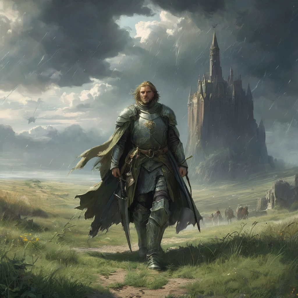 Amidst the rolling hills of the Forgotten Realms, where the whispers of ancient battles echo through the tall grasses and the sky hangs heavy with ominous clouds, strides Sir Alistair—a knight burdened by the weight of prophecy and the legacy of his forefathers. His short, brown curly hair ruffles in the wind, a stark contrast to the gleaming steel of his battle-worn armor that bears the marks of countless skirmishes and hard-fought victories.
With each step, the knight's boots sink into the soft earth of the grassfield, leaving imprints that tell tales of valor and hardship. His gauntleted hand rests lightly on the pommel of a sword that hangs at his hip, its blade etched with runes of ancient power and tempered by the blood of mythical beasts.
Behind him, the sun dips below the horizon, casting long shadows that stretch across the verdant landscape like spectral fingers. The air is heavy with the scent of wildflowers and the distant rumble of thunder—a portent of storms to come and battles yet to be waged.
In this AI-generated image inspired by medieval dark fantasy, Sir Alistair's solitary journey through the grassfield becomes a testament to courage, duty, and the unyielding quest for honor in a world where shadows lurk at every turn and the line between hero and villain blurs."