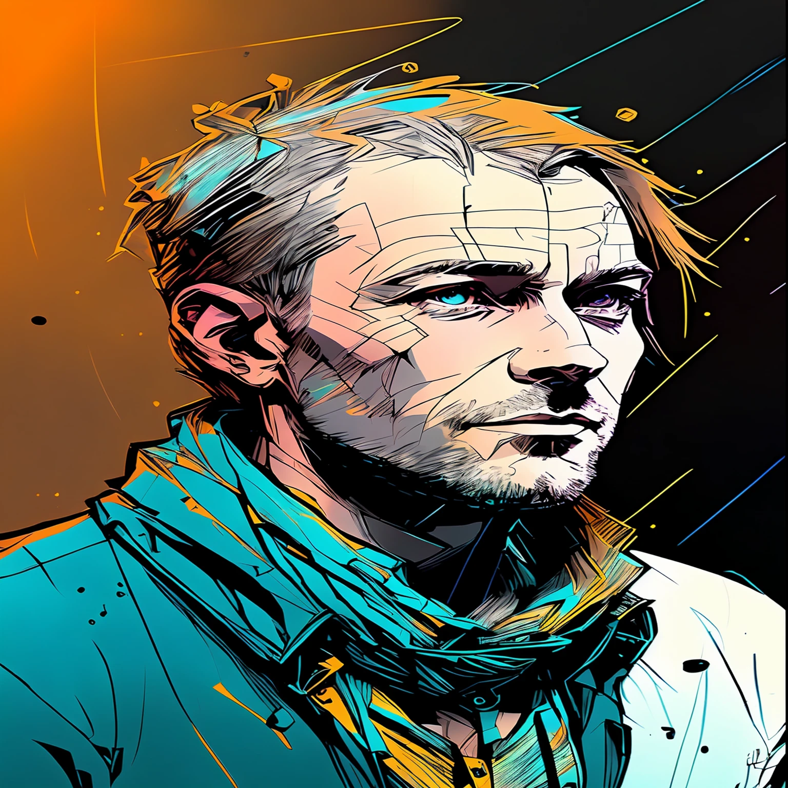 nvinkpunk, (((Middle aged European man))), work of art, best qualityer, ((face detailed)), ((awardwinning)), (high détail), Spitz, 8k, trends on artstationh, intrikate