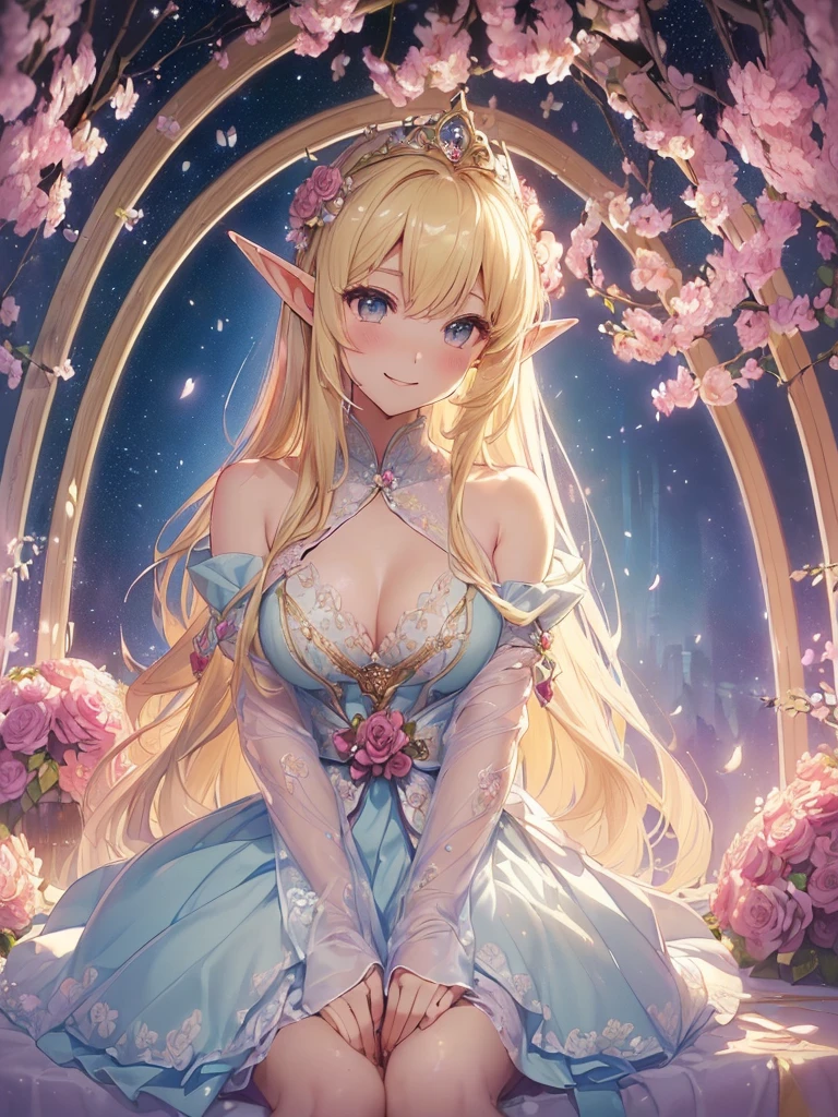 highest quality、Highest image quality、masterpiece、beautiful face、、Titania、Super beautiful elf beauty((22 years old OL big bust、bust 90,beautiful long ironed hair、blonde、Height: 165cm。slender、sexy、Esbian、beautiful tiara、night、High quality、美しいart、Beautiful bed、canopy、Sky curtain、muste piece、ビジュアルart、Depth of the bounds written、、elf ears、、Lightのmagic、universe、A happy smile、穏やかなLight、Elven Forest、cherry blossoms、、elegant、ticker beautiful decorative、marble columns、fresco、Mosaic floor、mystical rosa、Rose、flower瓶、magicのflower、flowerを作るmagic、Light、 the sky、beautiful dressy、beautiful dresyth、ART、Lord of the Ring、sexy、friendly smile、Fantastic、cherry blossoms、舞い散るflowerびら、cherry blossomsのflower、universeのmagic、magicのLight、fantasy、flower、super REALITYたくさんのRose、magic、Interior decoration、Many tapestries、Grow fantasy、、mysteryのLight、byzantine、renaissance、Art nouveau、alphonse Mucha、、art、art,mystery,UHD,magicalgentle light,sexy、