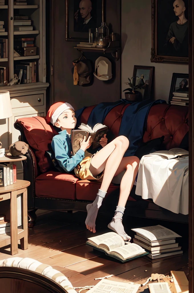 Chico (14 year old in the living room bald with hat on his head, sad, with a book in his legs)