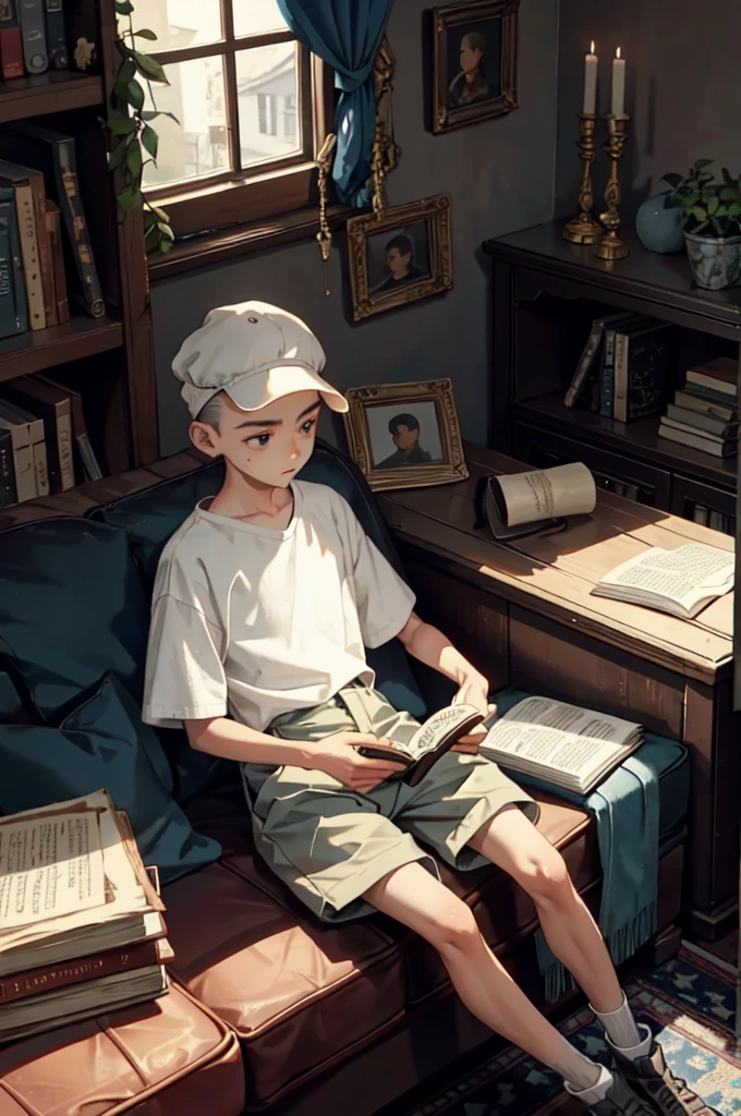 Chico (14 year old in the living room bald with hat on his head, sad, with a book in his legs)