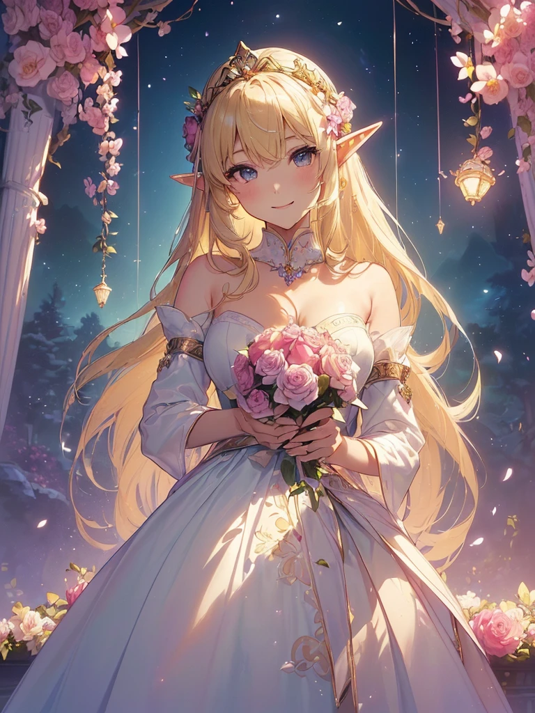 highest quality、Highest image quality、masterpiece、beautiful face、、Titania、Super beautiful elf beauty((22 years old OL big bust、bust 90,beautiful long ironed hair、blonde、Height: 165cm。slender、sexy、Esbian、beautiful tiara、night、High quality、美しいart、Beautiful bed、canopy、Sky curtain、muste piece、ビジュアルart、Depth of the bounds written、、elf ears、、Lightのmagic、universe、A happy smile、穏やかなLight、Elven Forest、cherry blossoms、、elegant、ticker beautiful decorative、marble columns、fresco、Mosaic floor、mystical　rosa、Rose、flower瓶、magicのflower、flowerを作るmagic、Light、　the sky、beautiful dressy、beautiful dresyth、ART、Lord of the Ring、sexy、friendly smile、Fantastic、cherry blossoms、舞い散るflowerびら、cherry blossomsのflower、universeのmagic、magicのLight、fantasy、flower、super REALITYたくさんのRose、magic、Interior decoration、Many tapestries、Grow fantasy、、mysteryのLight、byzantine、renaissance、Art nouveau、alphonse　Mucha、、art、art,mystery,UHD,magicalgentle light,sexy、