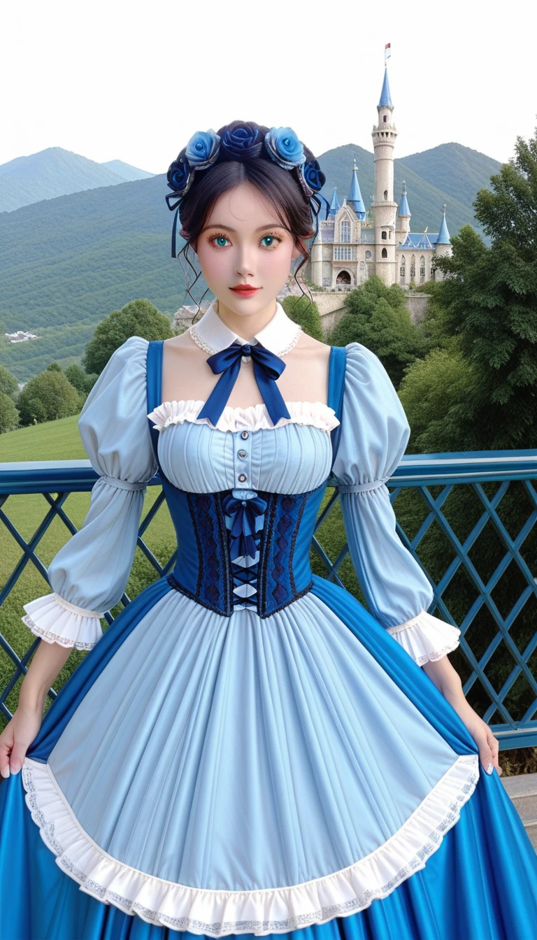 ((Photography, RAW quality)), (High quality PHOTO of a pretty girl, perfect face, blue eyes, sharp, perfect, well-defined pupil, black hair, long straight, (classic blue Victorian dress, luxurious, lace, tulle, ribbons, shiny jollas, intricate, cinched at the waist), with a castle background with round towers and flags in the mountains